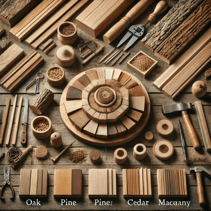Detailed image of timber types including oak, pine, cedar, and mahogany, displayed in a rustic workspace with woodworking tools, showcasing their uses for furniture, decking, and flooring.