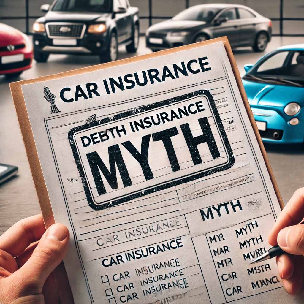Car insurance policy document with a 'Myth' stamp, debunking common car insurance myths.