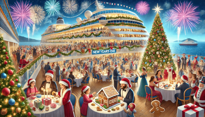 A cruise ship decorated for Christmas and New Year’s Eve with holiday lights, Christmas trees, fireworks over the ocean, and families enjoying festive activities.