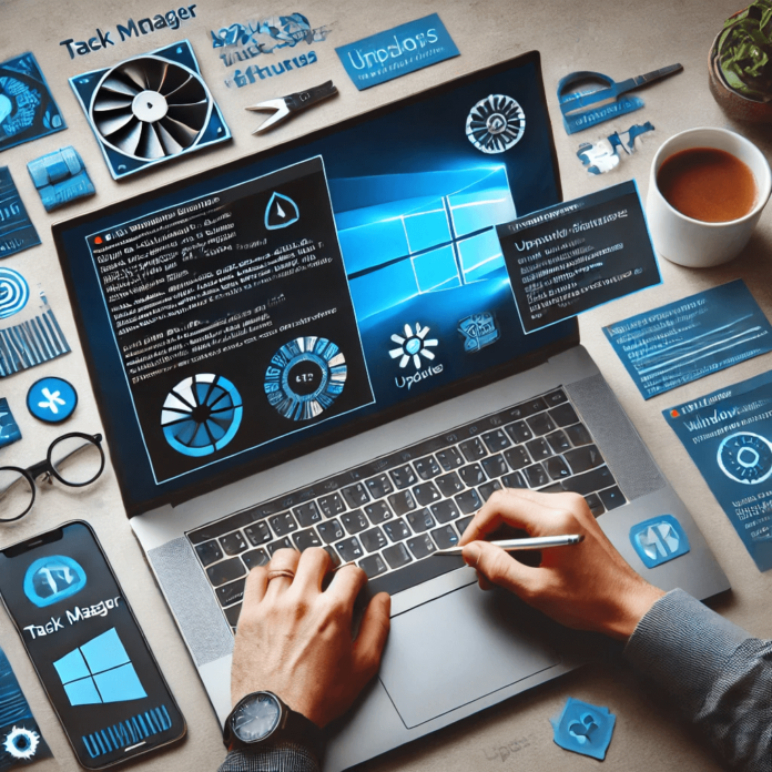 A person troubleshooting common Windows errors on a laptop, addressing issues like blue screen of death (BSOD), update failures, and slow startup times.