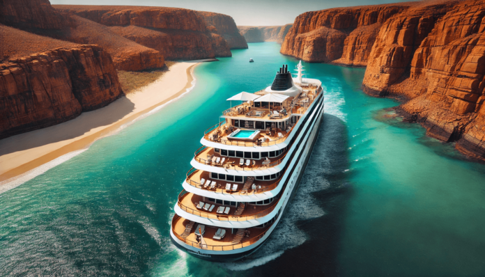 Luxury expedition ship cruising through the Kimberley waters, surrounded by cliffs and turquoise sea.