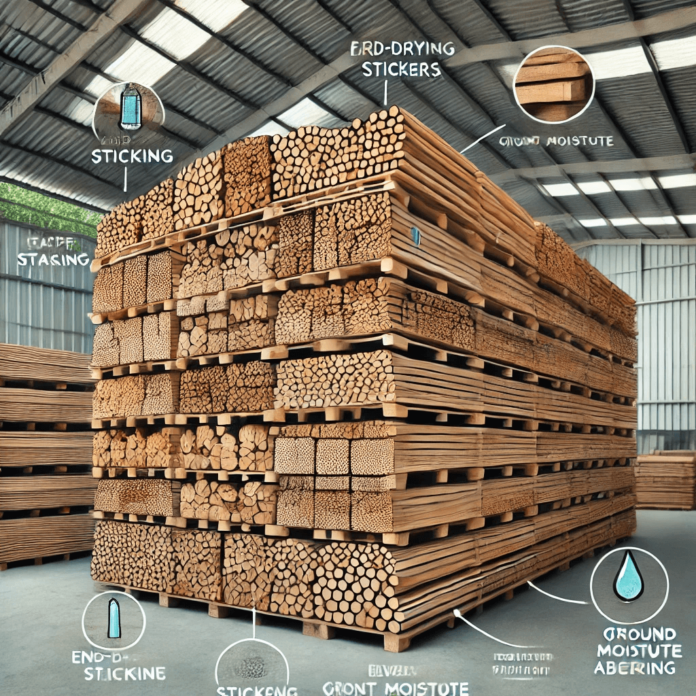 Stacked timber under a shaded, well-ventilated structure with spacers, showcasing proper timber storage and wood seasoning to prevent warping and cracking.