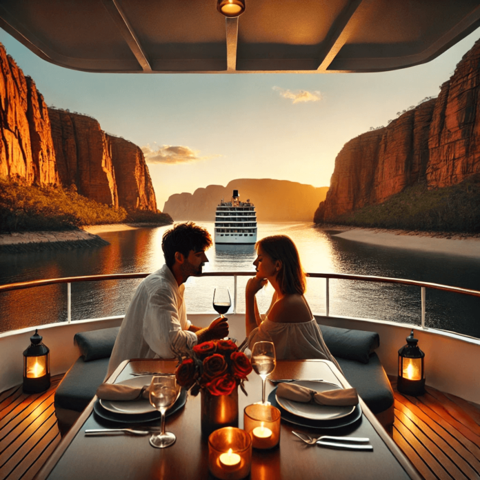 A couple enjoying a private candlelit dinner on the deck of a luxury Kimberley cruise ship, with stunning cliffs and calm waters at sunset