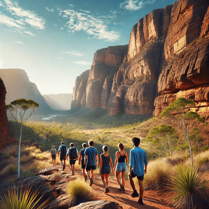 A small group of solo travelers hiking near dramatic rocky cliffs in the Kimberley region, guided by an expert, with clear blue skies and lush vegetation.