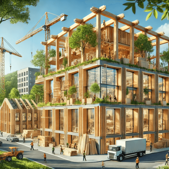 Modern eco-friendly building made with sustainable timber materials, including Cross-Laminated Timber (CLT) panels and natural wood finishes in green construction.