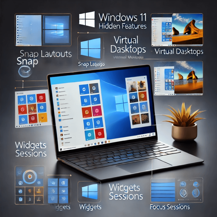 Laptop screen displaying hidden features of Windows 11, including Snap Layouts, Virtual Desktops, Widgets, and Focus Sessions on a sleek desk.
