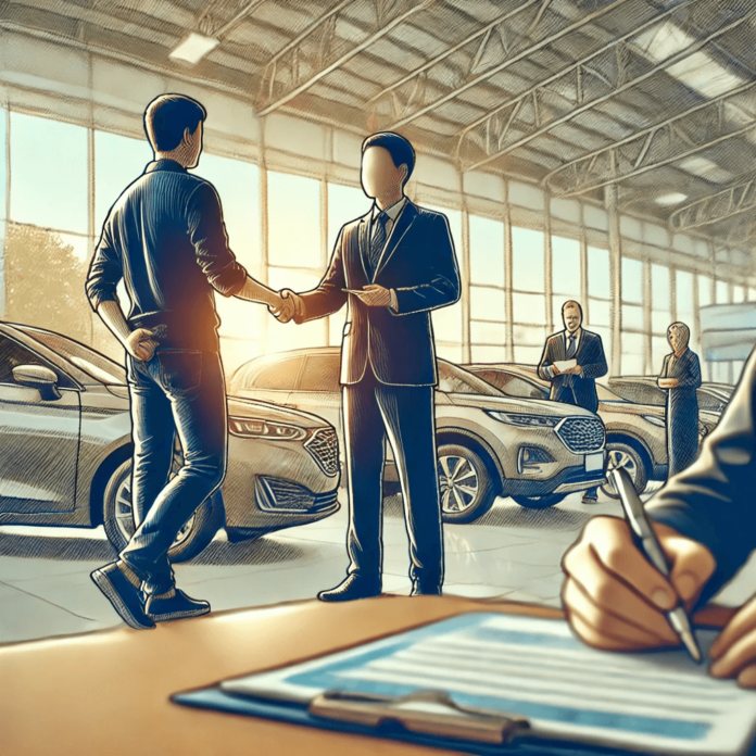A person confidently buying their first car at a dealership, discussing options with a salesperson and reviewing paperwork with new and used cars in the background.