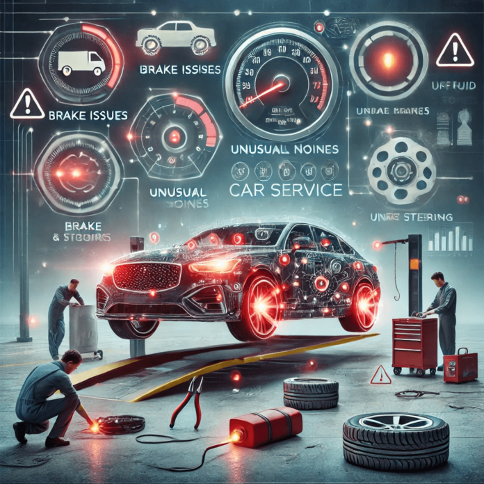 Car in a repair garage with warning indicators and a mechanic inspecting the engine.