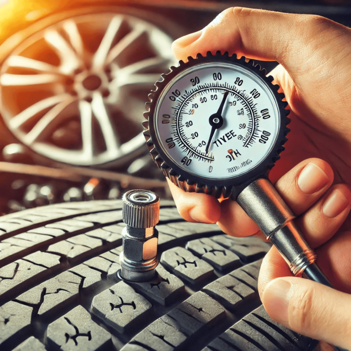 Close-up of a person checking tire pressure with a gauge, showing the tire valve stem and clear gauge reading.