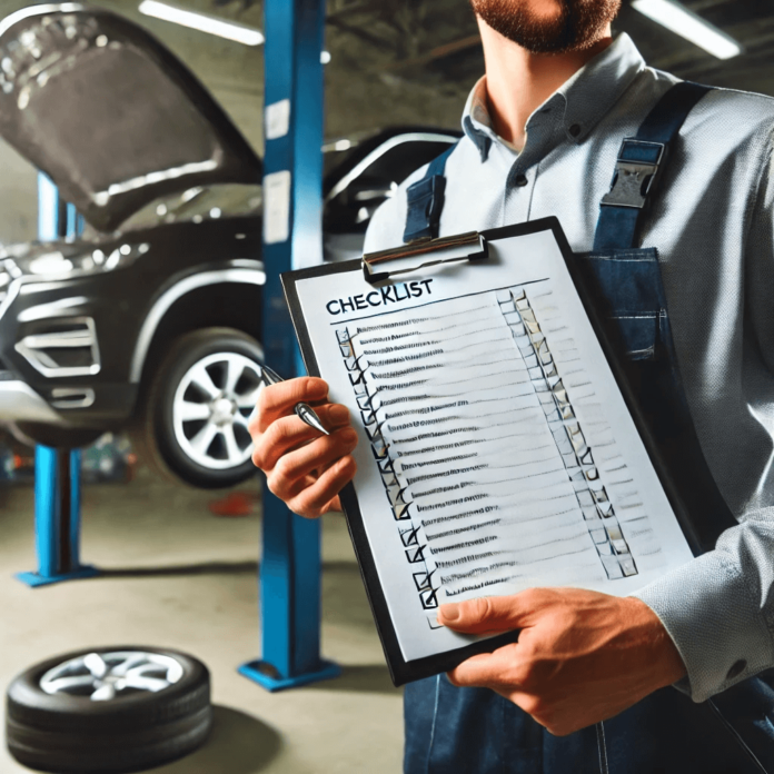 Mechanic holding a maintenance checklist next to a car in a service center