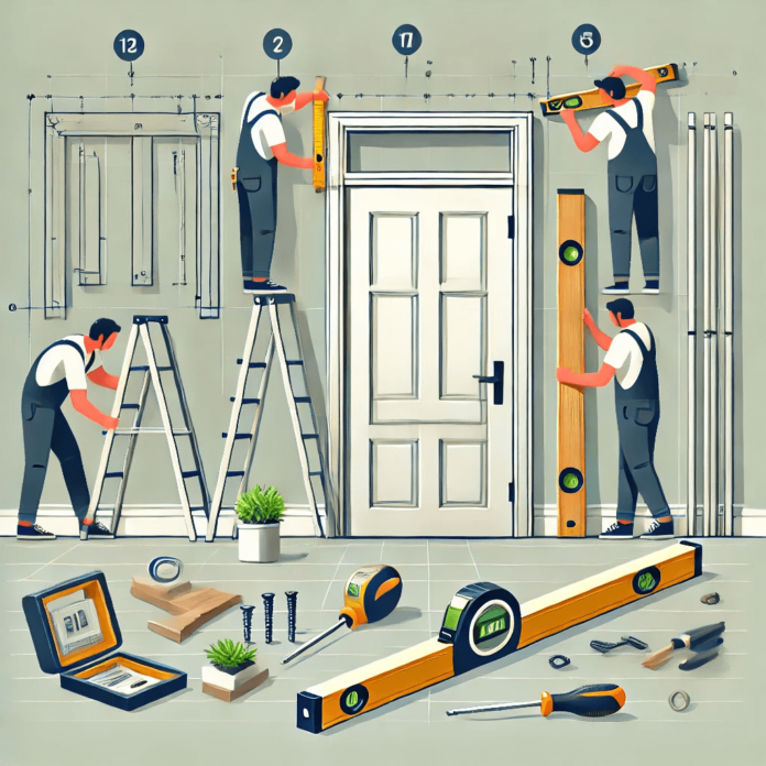 Image showing a step-by-step DIY door installation process, including measuring the doorway, aligning the new door with shims, and attaching hinges with a screwdriver in a modern home setting.