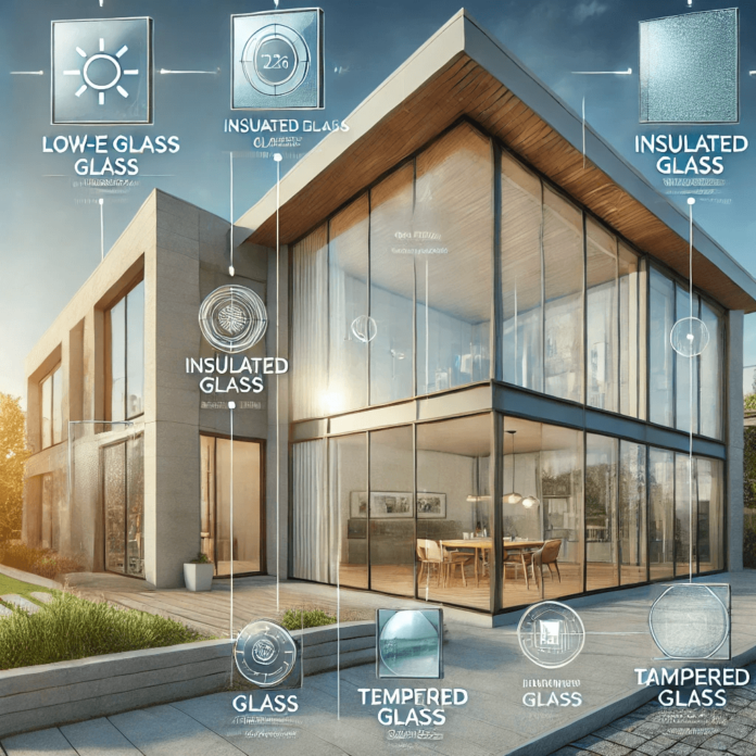 A modern home with large windows featuring different types of glass, including Low-E glass, insulated glass, and laminated glass, highlighting energy efficiency, UV protection, and enhanced security.