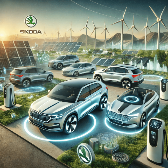 Skoda electric vehicles featuring a compact city car, SUV, and sedan with modern designs, eco-friendly elements, and fast-charging stations in a green energy setting.