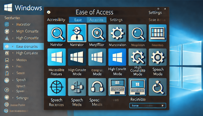 Windows accessibility settings screen displaying tools like Narrator, Magnifier, High Contrast Mode, and Speech Recognition for users with disabilities.