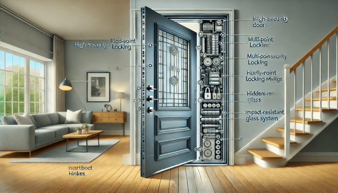 Illustration of a high-security door with a reinforced steel frame, multi-point locking mechanism, impact-resistant glass panels, and a smart lock system.