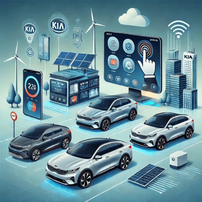 Illustration of modern Kia vehicles in a futuristic city, highlighting advanced infotainment systems, and eco-friendly features like electric and hybrid models.