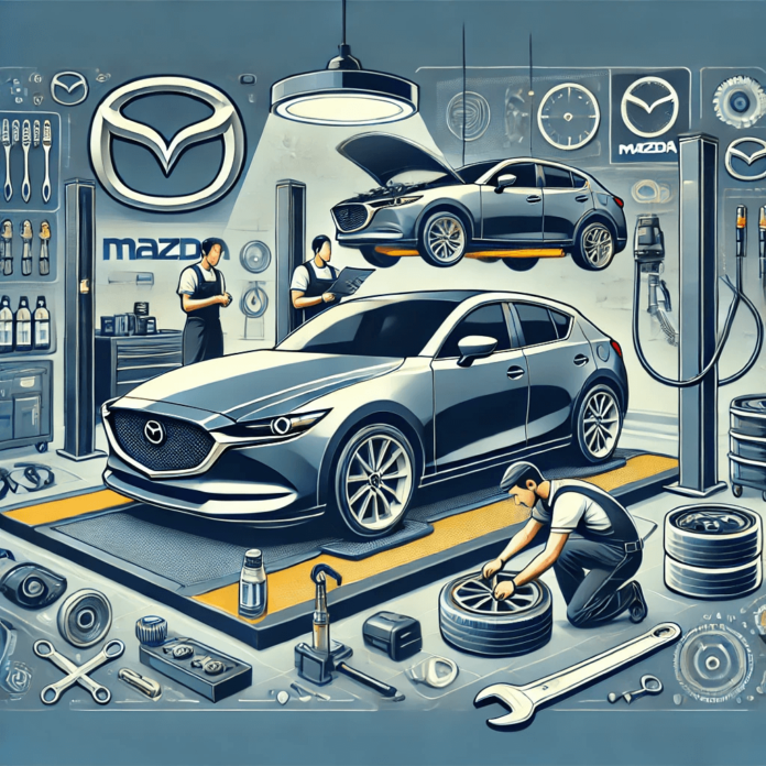 A mechanic performing routine maintenance on a Mazda vehicle, checking fluid levels and ensuring the car remains in top condition at a professional service center.