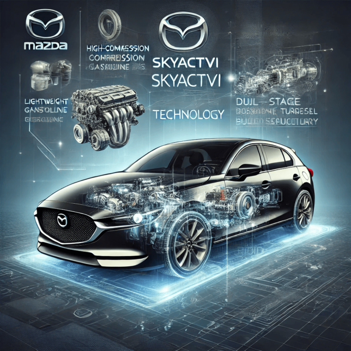 Dynamic image of a modern Mazda car with abstract visuals of SKYACTIV engine and transmission systems, emphasizing fuel efficiency, high-compression engines, and lightweight chassis