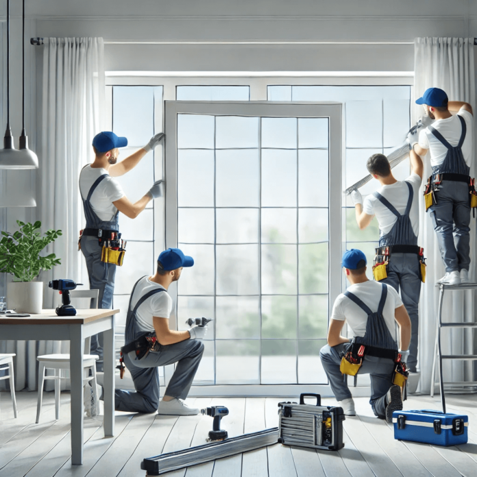 A professional team of installers fitting a large window using advanced tools, ensuring precise and efficient window installation.