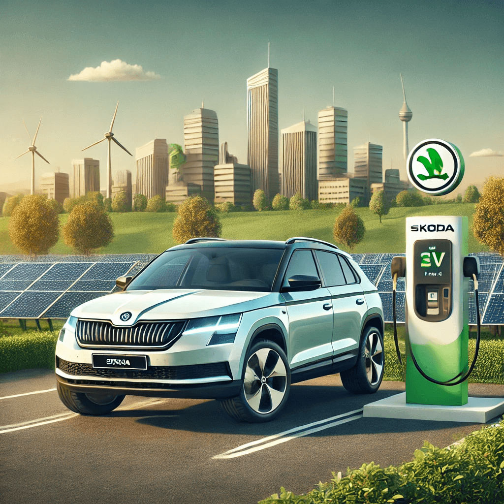 Skoda Enyaq iV electric SUV charging at an eco-friendly station with green parks and renewable energy sources in the background.