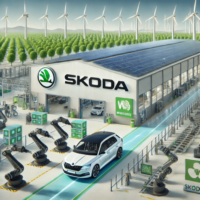 Modern Skoda manufacturing facility showcasing solar panels, wind turbines, and robotic production for sustainable car manufacturing.