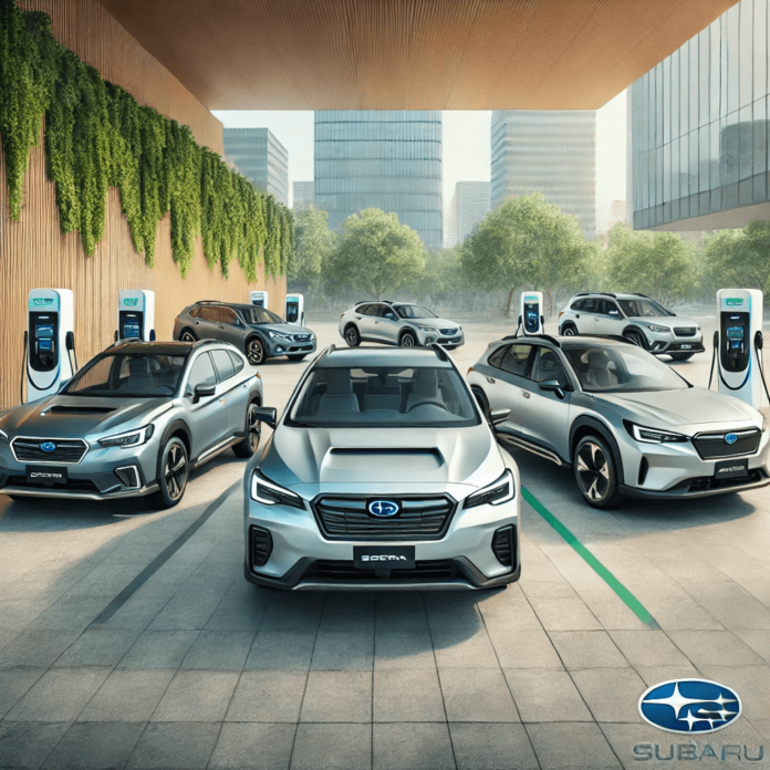 Lineup of Subaru hybrid and electric vehicles parked at a modern charging station, surrounded by greenery, showcasing sustainable automotive innovation