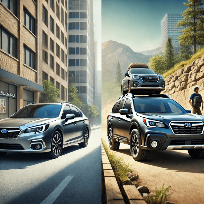 Comparison of Subaru Legacy and Subaru Outback in a family-friendly setting, showcasing the sleek sedan design of the Legacy and the rugged, higher ground clearance of the Outback