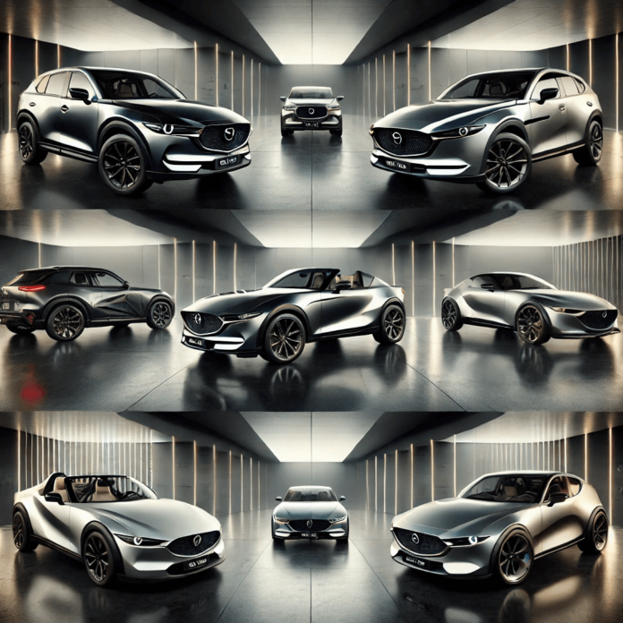 Lineup of the top 5 Mazda models for 2025, including the versatile CX-5 SUV, sleek Mazda3 sedan, iconic MX-5 Miata sports car, modern CX-30 crossover, and eco-friendly MX-30 electric vehicle, displayed in a futuristic showroom.