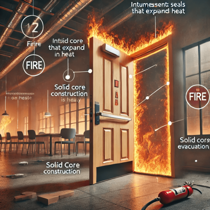 Image showing a fire-rated door in a building setting with features like intumescent seals, solid core construction, and secure latches, highlighting its role in blocking flames and smoke for safe evacuation during a fire