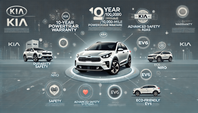Infographic highlighting reasons to choose Kia, including a 10-year/100,000-mile warranty, advanced safety features (ADAS), innovative technology.