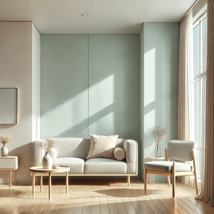 A cozy small living room with light pastel-colored semi-gloss walls, minimalistic furniture, natural light streaming through a large window, and a modern decor theme.