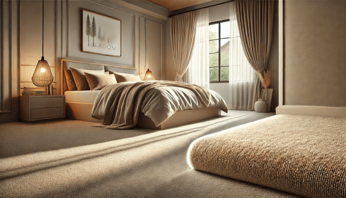 A cozy bedroom featuring beige carpet flooring, a neatly made bed with soft linens, and natural light streaming through the window for a warm and inviting atmosphere.