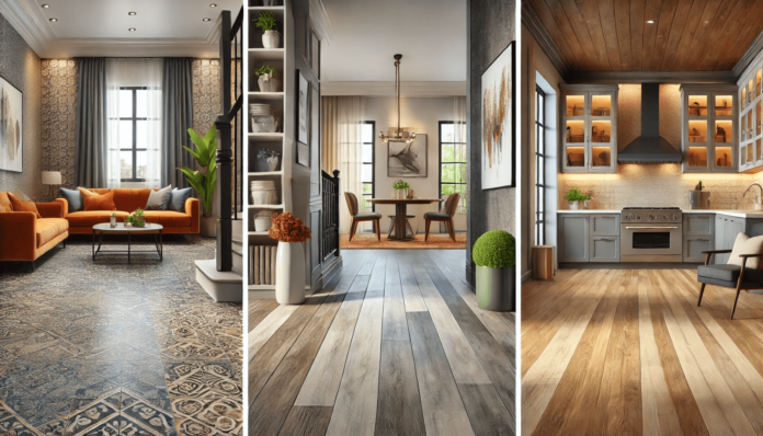 Interior featuring durable flooring for high-traffic areas: luxury vinyl plank in an entryway, porcelain tile in a kitchen, and engineered hardwood in a living room.