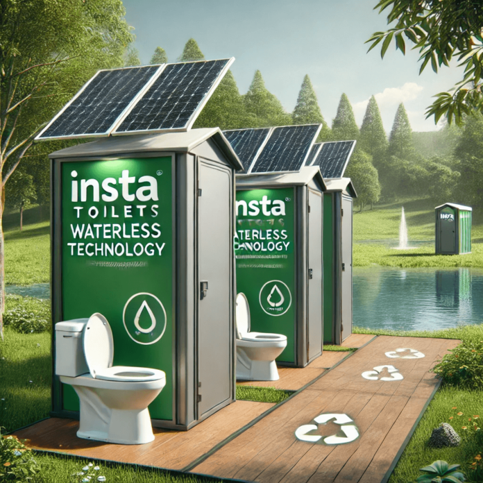 Eco-friendly Insta Toilets with solar panels in a green outdoor park, showcasing sustainable waterless technology and waste management.