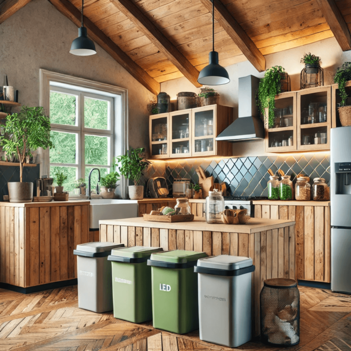Eco-friendly kitchen with sustainable materials, energy-efficient appliances, and zero-waste practices