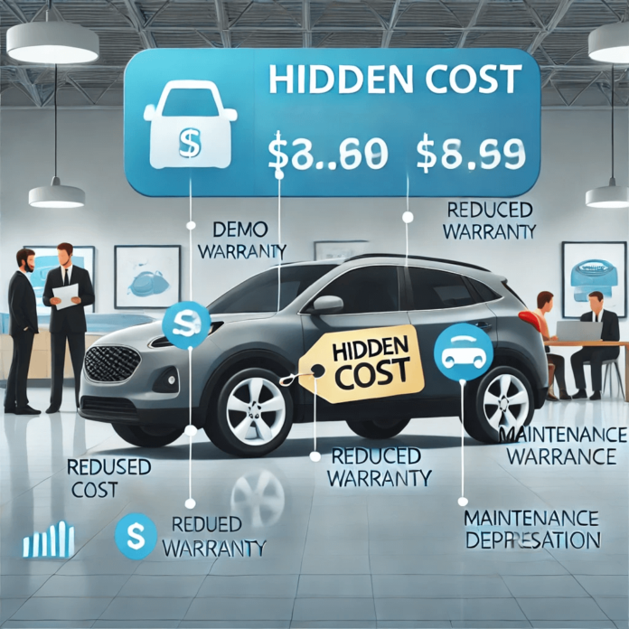 Demo car on display at a dealership, highlighting hidden costs like reduced warranty, maintenance fees, and depreciation