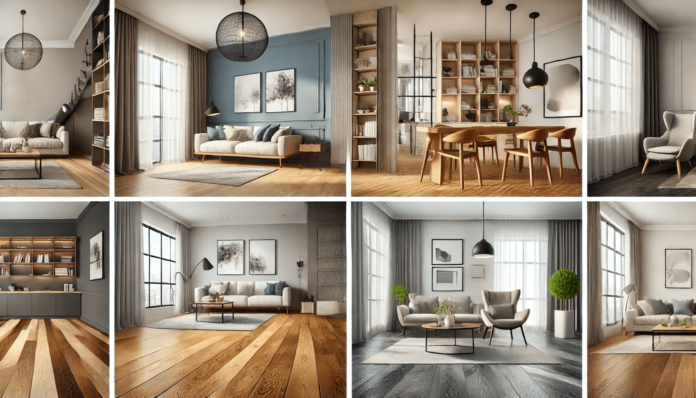 Stylish interiors showcasing light oak flooring in a small living room, walnut flooring in a spacious dining area, and gray flooring in a modern home office.