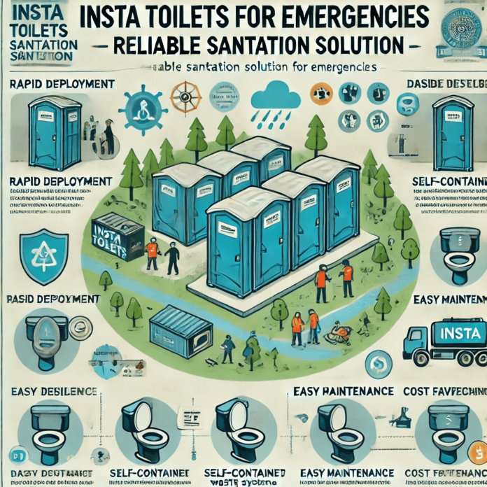 Infographic illustrating the role of Insta Toilets in emergencies, featuring a disaster relief area with portable toilets, icons for key features like rapid deployment, self-contained waste systems, easy maintenance, and cost-effectiveness.