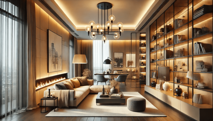 Modern living room with layered lighting, featuring a chandelier for ambient light, floor lamps for task lighting, and accent lighting highlighting artwork.