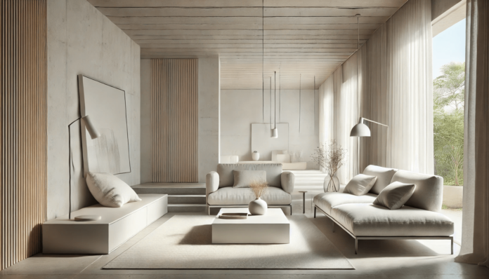 Minimalist living room with clean-lined furniture, neutral color palette, natural materials, and open, clutter-free space for a peaceful ambiance.