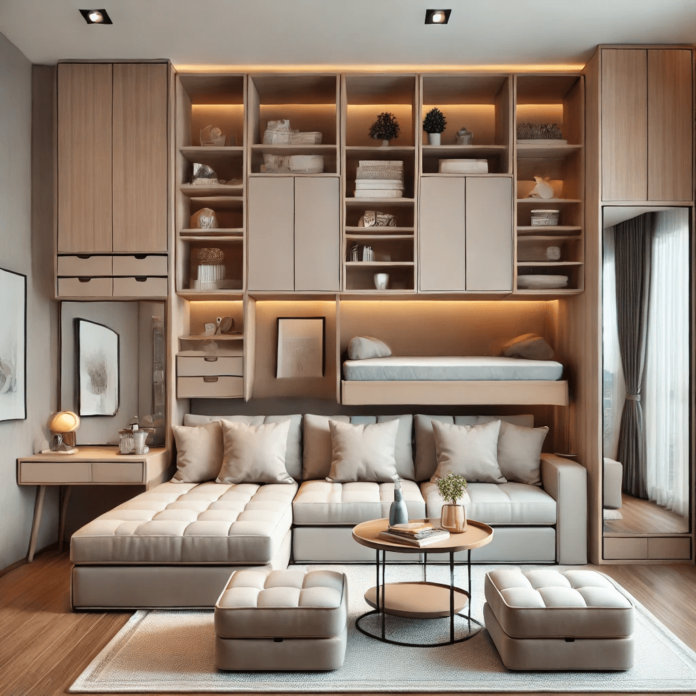 A compact living room with a sofa bed, foldable coffee table, storage ottomans, and vertical storage solutions like floating shelves.