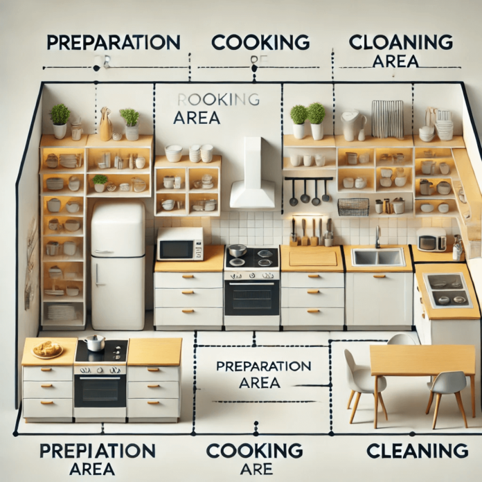 Illustrated kitchen layout divided into work zones for preparation, cooking, and cleaning