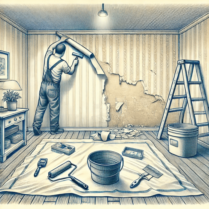 An instructional image showing a person removing old wallpaper in a well-prepared room with drop cloths, tools like a scraper and bucket, and a partially stripped wall revealing a clean surface underneath