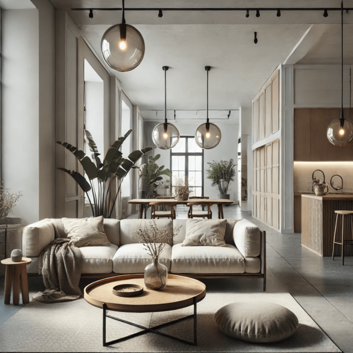 A stylish living room with a modern sofa, vintage wooden coffee table, and minimalist lighting, showcasing a balanced mix of contemporary and vintage décor.
