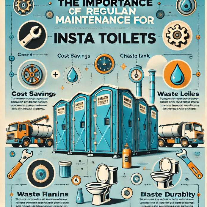 Infographic showcasing the importance of Insta Toilet maintenance, featuring maintenance tasks like inspecting flushing mechanisms, checking for leaks, hygiene improvement, and durability.