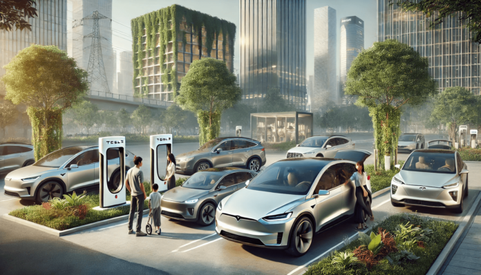 Futuristic electric SUVs of 2025 parked near charging stations in a clean, eco-friendly urban setting, symbolizing sustainable and advanced electric technology.