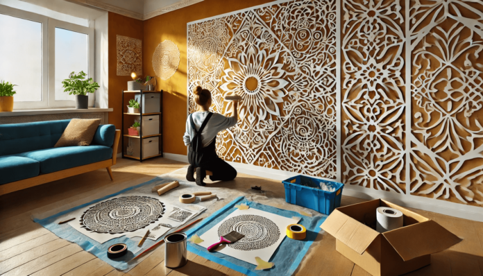 A person stenciling a wall with intricate patterns, using painter's tape and a sponge for precise application. Surrounding materials include stencils, paint cans, brushes, and a drop cloth in a vibrant and creative setting.