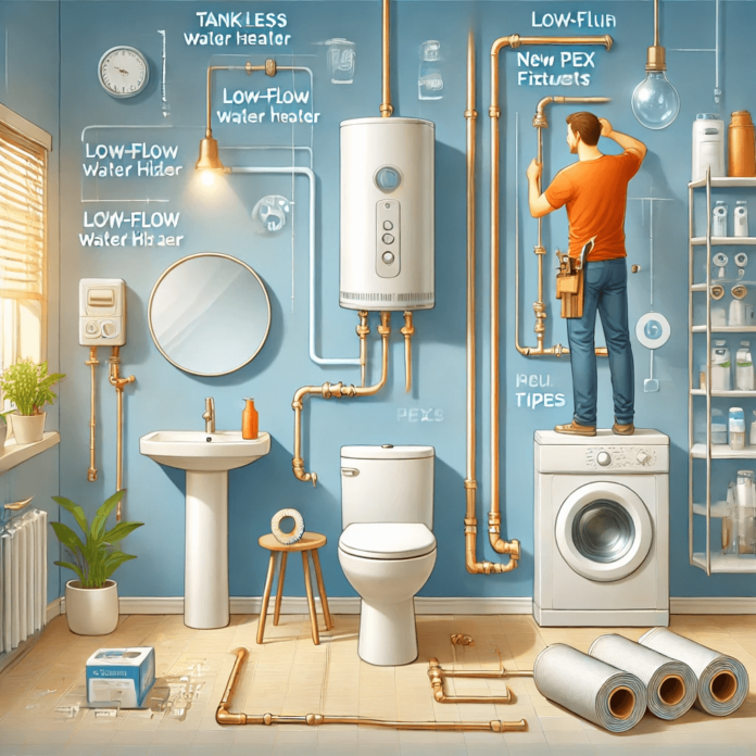Illustration of modern plumbing upgrades, including a tankless water heater, low-flow fixtures, PEX pipes, and a water filtration system in a residential setting.