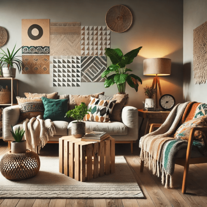 A cozy and stylish living room with colorful throw pillows, a recycled wood coffee table, thrift-store armchair, geometric-patterned wall decal, repurposed lamp, and an indoor plant in a wicker basket.