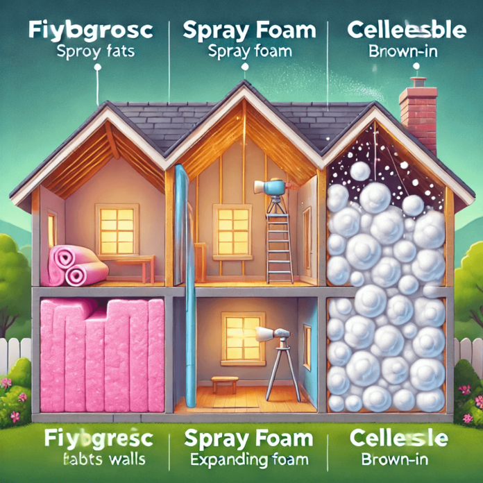 Illustration comparing fiberglass, spray foam, and cellulose insulation with labeled cross-sections in walls, gaps, and attic spaces for an energy-efficient home.